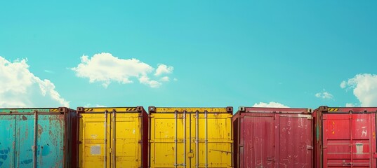 A row of brightly colored shipping containers stands tall against a clear blue sky, showcasing the industrial landscape.