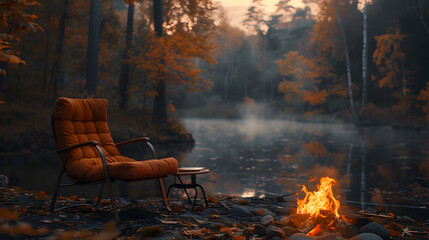 A chair sits next to a fire in the woods.