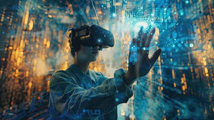 User immersed in augmented reality environment wearing a VR headset, seamlessly blending digital...