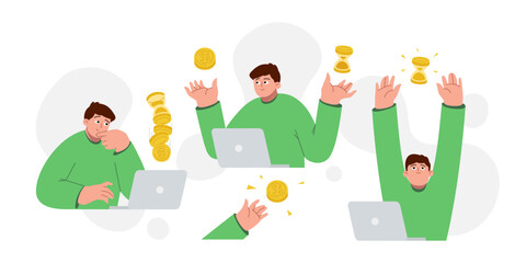 Illustration set of a flat-style man investing the money. Financial vector artwork to passive income. Vector business illustration, men in green sweaters with laptops. 