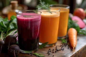 Different kinds of freshly squeezed vegetable juices