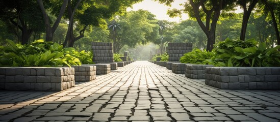 A brick walkway weaves its way through a park surrounded by lush green trees and bushes. The contrast between the man-made path and the natural vegetation creates a harmonious scene.
