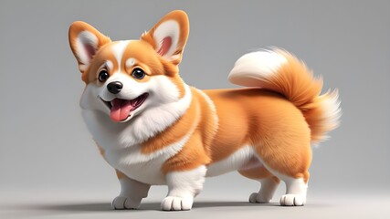 Simple fat cute funny kawaii fluffy cartoon orange corgi puppy, dot eyes, red tongue sticking out of mouth in standing playful pose. Lovely adorable pet minimal style. 3d render isolated transparent. 