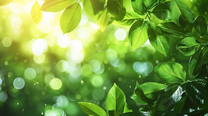 Fototapeta na wymiar Fresh healthy green bio background with abstract blurred foliage and bright summer sunlight 