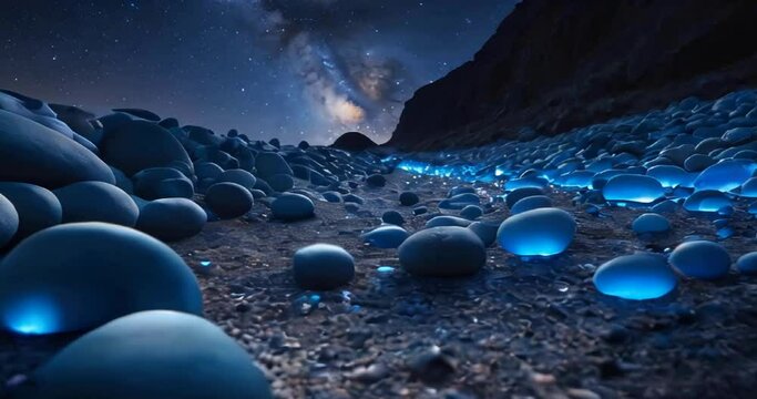 A lakeside scene filled with pebbles and rocks that reflects light at night on a planet. ai generative