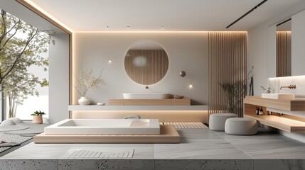 Showcase a minimalist bathroom design, where functionality meets serene aesthetics in a sanctuary of simplicity - obrazy, fototapety, plakaty