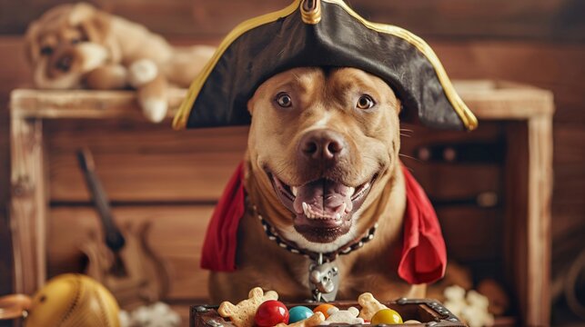 Pirate clad dog with a playful snarl guarding its treasure chest filled with toys and snacks
