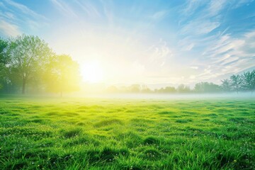Fototapeta na wymiar breathtaking view of a serene sunrise casting a golden glow over a lush green field, with the morning dew on the grass sparkling in the light