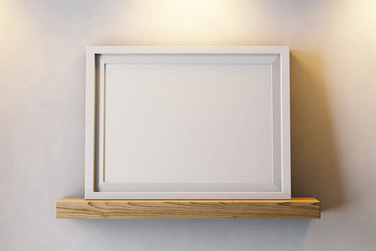 blank modern clean a4 size paper landscape achievement certificate poster on simple white frame on wooden shelf with warm interior light realistic mockup isolated 3d rendering illustration