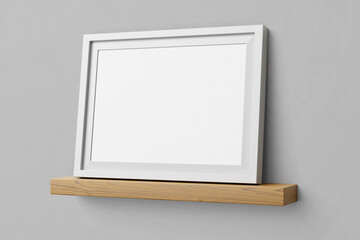 blank modern minimal a4 size paper horizontal achievement certificate poster on simple white frame realistic mockup on wooden shelf isolated 3d rendering illustration