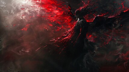Satan in a fusion of red and black personifies the eternal struggle between light and darkness in a dramatic portrayal