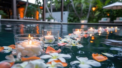 An opulent poolside event setup with floating floral arrangements in the water, featuring floating...
