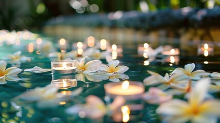 An opulent poolside event setup with floating floral arrangements in the water, featuring floating candles surrounded by petals of orchids and plumerias.