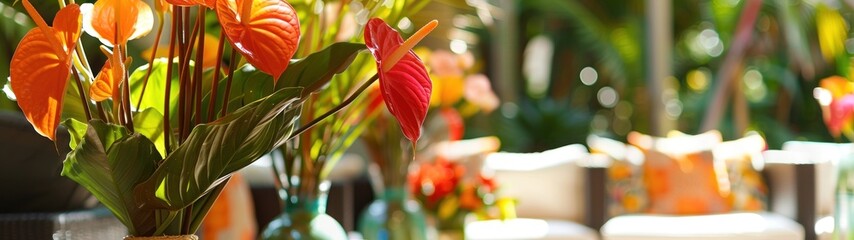 An outdoor luxury lounge area accented with decorative vases filled with tall arrangements of anthuriums and Birds of Paradise, enhancing the tropical ambiance. - obrazy, fototapety, plakaty