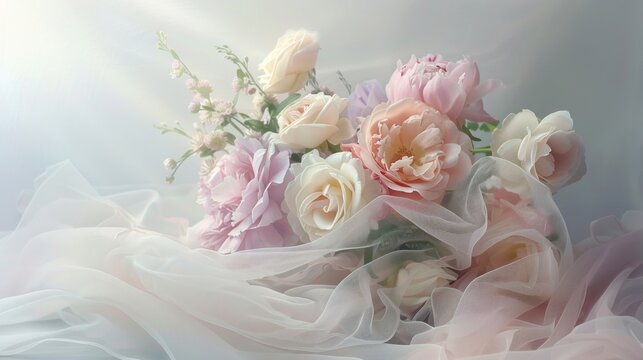 An image showcasing a romantic bouquet of peonies, garden roses, and lisianthus in pastel shades