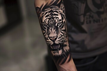 Tiger tattoo inked with fierce precision its eyes glinting with untamed spirit symbolizing strength and courage