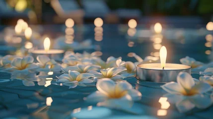 Gordijnen An opulent poolside event setup with floating floral arrangements in the water, featuring floating candles surrounded by petals of orchids and plumerias. © peera