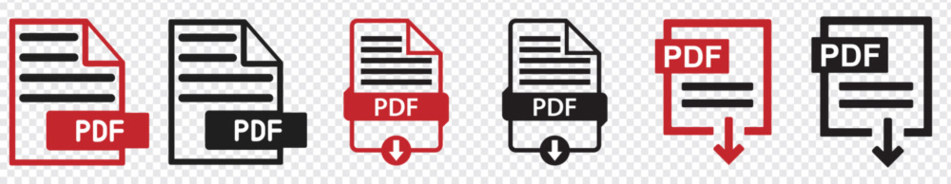 PDF file format icons set. PDF file download symbols. Format for texts, images, vector images, videos, interactive forms - stock vector.