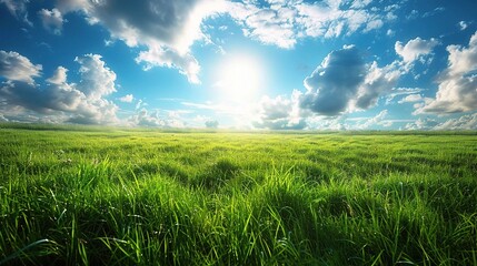 Obraz premium Green meadow under blue sky with clouds