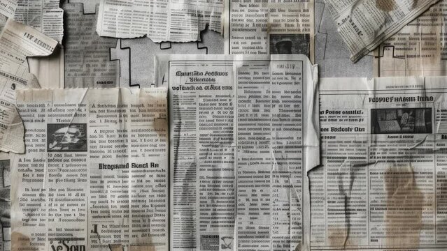 Old yellow crumpled sheets of newspaper background. Textured pages mock up. Stop motion animation. Seamless loop graphic design. Old fashion style books paper.