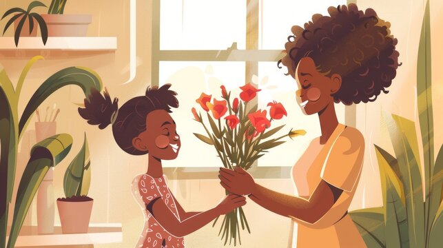 A girl gives flowers to her mother on Mother's Day, the happy smiles on their faces radiate joy in the hall.