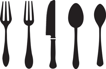 Set of Cutlery Icon Silhouette, Spoon Fork Knife black silhouettes on white background