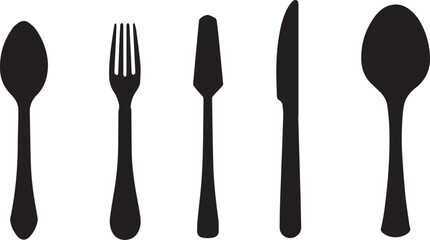 Set of Cutlery Icon Silhouette, Spoon Fork Knife black silhouettes on white background - obrazy, fototapety, plakaty