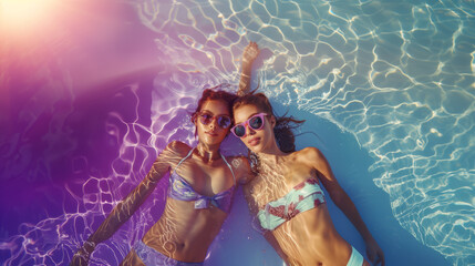 Two beautiful girls with sunglasses enjoying her vacation by the pool. Summer sunny day.