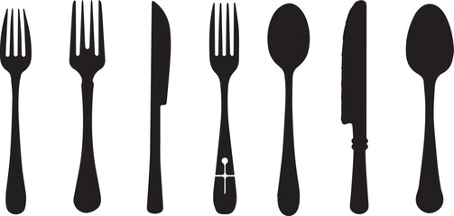 Set of Cutlery Icon Silhouette, Spoon Fork Knife black silhouettes on white background