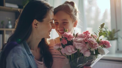A girl gives flowers to her mother on Mother's Day, the happy smiles on their faces radiate joy in the hall.