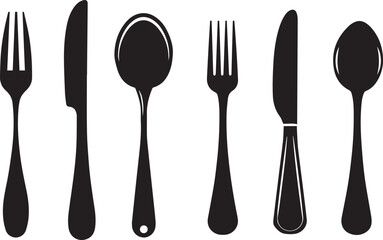 Set of Cutlery Icon Silhouette, Spoon Fork Knife black silhouettes on white background