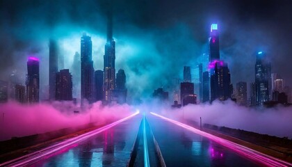  Futuristic cyberpunk cityscape with neon colors lights. Sci-fi background wallpaper.