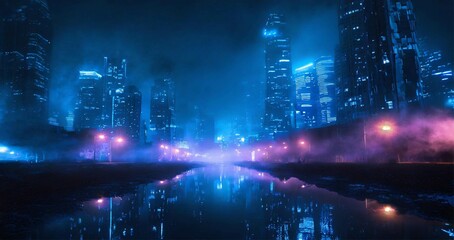 Fototapeta na wymiar Futuristic cyberpunk cityscape with neon colors lights. Sci-fi background wallpaper.