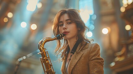 woman playing saxophone - obrazy, fototapety, plakaty