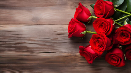 Eternal Love Red Rose Flowers Bouquet on Wooden Background for Valentine's Day, Blooms of Passion Red Tulips on Wooden Background