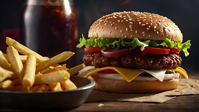 Delicious Fast Food Combo: Hamburger, Fries, Cheeseburger, Sandwich, Beef, Lettuce, Tomato, Onion, Grilled