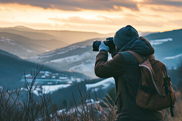 A photographer taking a landscape photo with his camera - obrazy, fototapety, plakaty