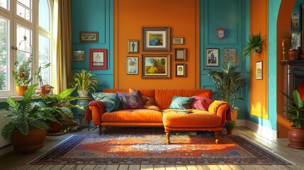Illustrate a vibrant living room that tells a story through bold colors and eclectic decor