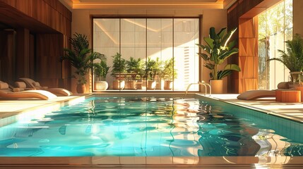 Obraz na płótnie Canvas Hotel swimming pool with sunny reflections