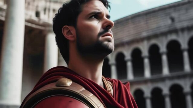 Ancient Roman senator in toga against coliseum background, man citizen of Rome, Generative AI,