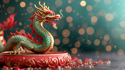 Dragon 3D chinese 2025year gold new lunar cny podium happy background red golden. generative ai 