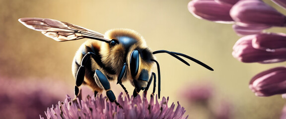 Bee pollinating a vibrant purple flower, both with intricate details. 
