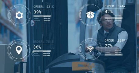 Animation of data processing and media icons over caucasian male worker in turret truck in warehouse - Powered by Adobe