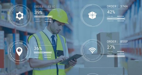 Animation of data processing and media icons over caucasian male worker using tablet in warehouse - Powered by Adobe