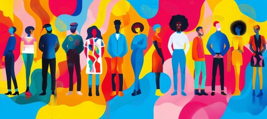 A diverse group of individuals stands in front of a vibrant and colorful background, creating a striking contrast. They appear engaged and connected, contributing to the lively atmosphere.