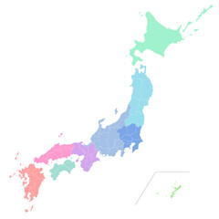分割できるカラフルな日本地図のシルエットイラスト（県境入り）