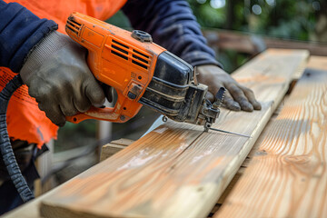 A construction worker using a nail gun to fasten boards together - obrazy, fototapety, plakaty