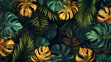 Luxury gold and nature green background vector. Floral pattern, Golden split-leaf Philodendron plant with monstera plant  - obrazy, fototapety, plakaty