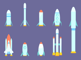Spaceships and rockets set isolated. Space rocket program. Spaceships for space exploration and flight to Mars. Icon design for print, banners and advertising. Vector illustration