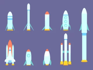 Foto op Aluminium Ruimteschip Spaceships and rockets set isolated. Space rocket program. Spaceships for space exploration and flight to Mars. Icon design for print, banners and advertising. Vector illustration